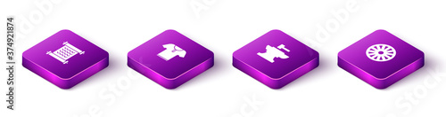 Set Isometric Decree, parchment, scroll, Body armor, Anvil for blacksmithing hammer and Old wooden wheel icon. Vector.