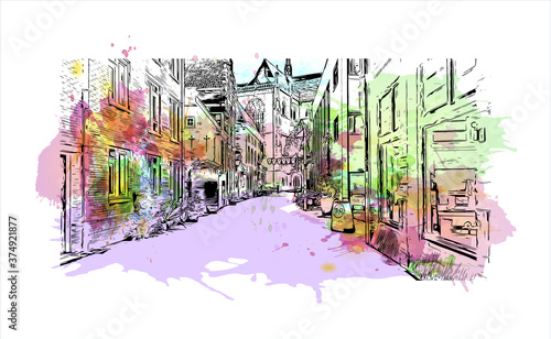 Building view with landmark of Arnhem is a city and municipality situated in the eastern part of the Netherlands. Watercolor splash with hand drawn sketch illustration in vector.
