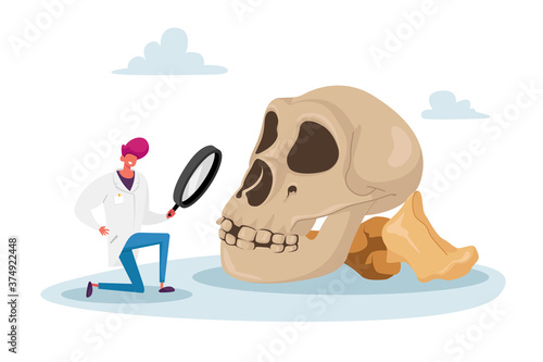 Scientist Watching through Magnifying Glass on Huge Human Skull. Anthropologist Work on Excavations Exploring Artifact