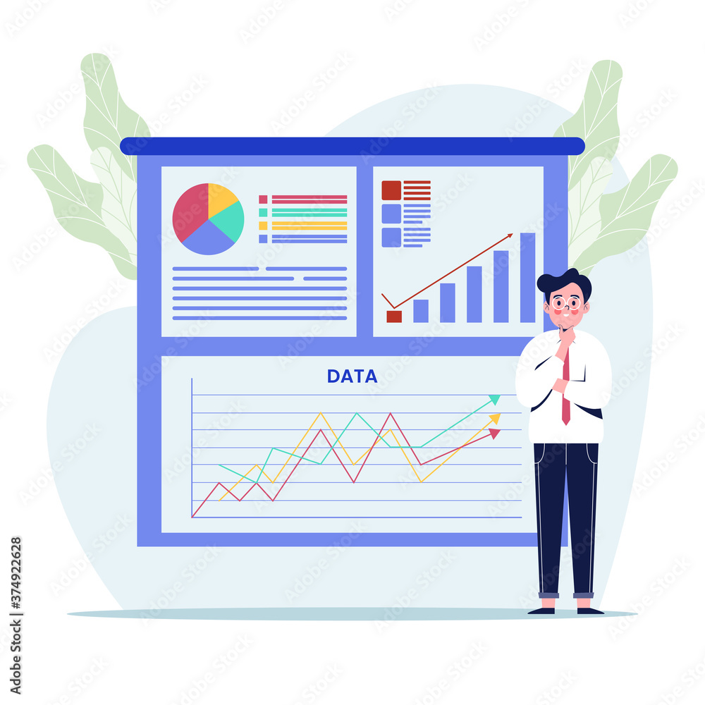 Businessman explaining information graphics Businessman explaining information graphics