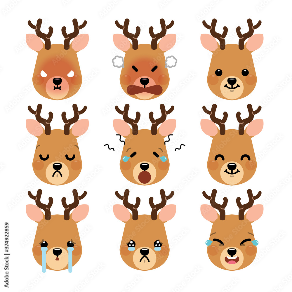 Set of cute cartoon reindeer emoji set isolated on white background. Vector Illustration. Set of cute cartoon reindeer emoji set isolated on white background. Vector Illustration.