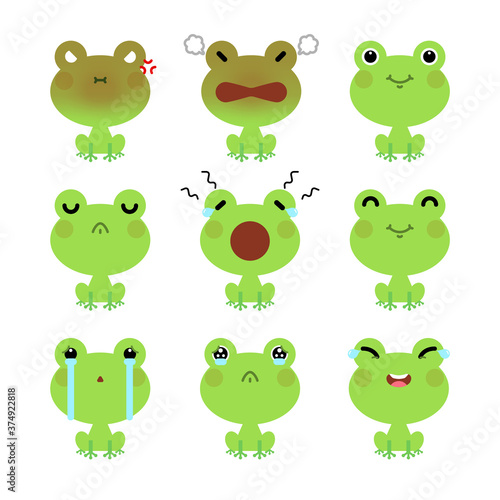 Set of cute cartoon green frog emoji set isolated on white background. Vector Illustration.
