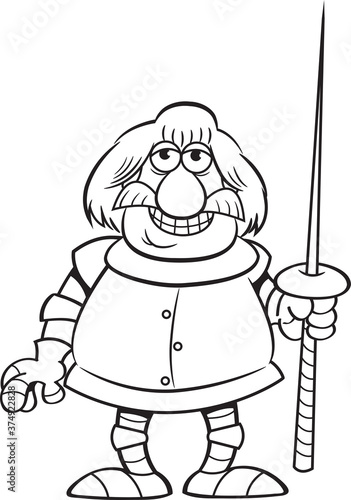 Black and white illustration of a smiling knight holding a lance.