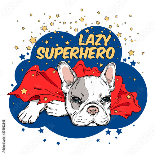 Cartoon white french bulldog in a superhero cape. Lazy superhero. Stylish image for printing on any surface