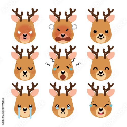 Set of cute cartoon reindeer emoji set isolated on white background. Vector Illustration.