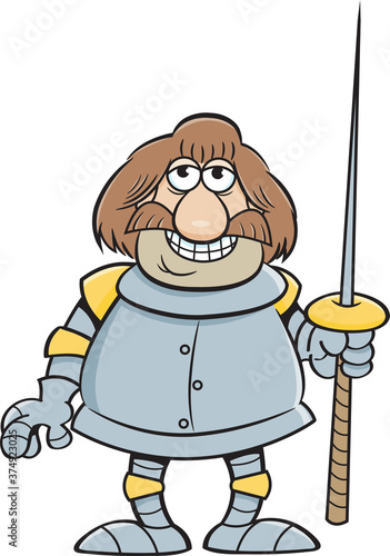 Cartoon illustration of a smiling knight holding a lance.