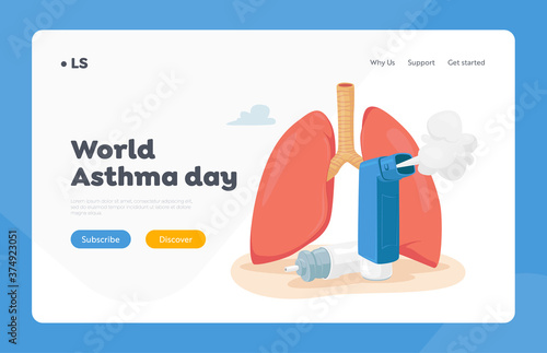 Asthma Disease Landing Page Template. Human Lungs and Inhaler. Chronic Sickness, Respiratory System Disease Treatment