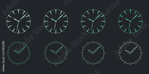 Luminous watch dial. Abstract clock face set. Mockup clock face. Vector illustration