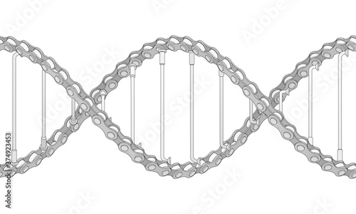 Bicycle chain with spokes twisted like a DNA spiral. Editable outlines. Replicable vector illustration.