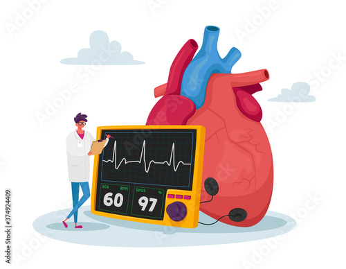 Tiny Doctor Character Stand at Huge Human Heart Measure Pulse and Control Cholesterol Level with Device for Diagnose