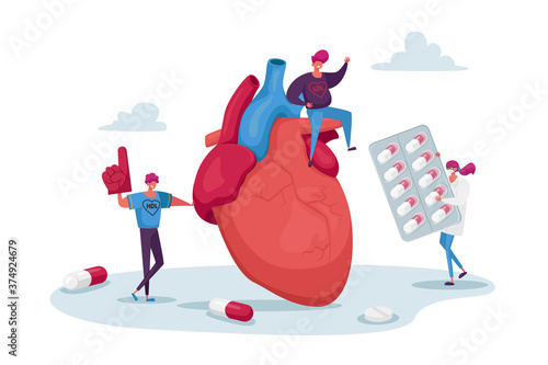 Tiny Characters at Huge Heart Cholesterol Diagnose. Chemical Laboratory Science, Woman Hold Pharmacy Medicine Blister