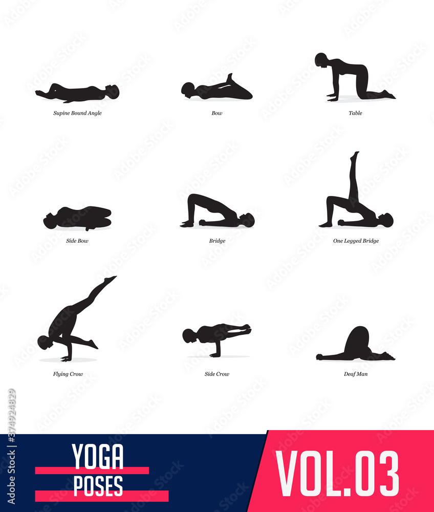 Yoga Poses silhouettes of woman doing yoga exercises in flat design. Icons set flexible girl stretching and relaxing body in different asana poses. Isolated black shapes of woman. Vector Illustration