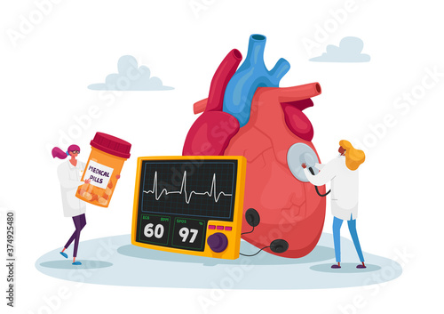 Tiny Doctor Characters at Huge Human Heart Measure Pulse with Stethoscope and Cholesterol Level for Diagnose, Treatment