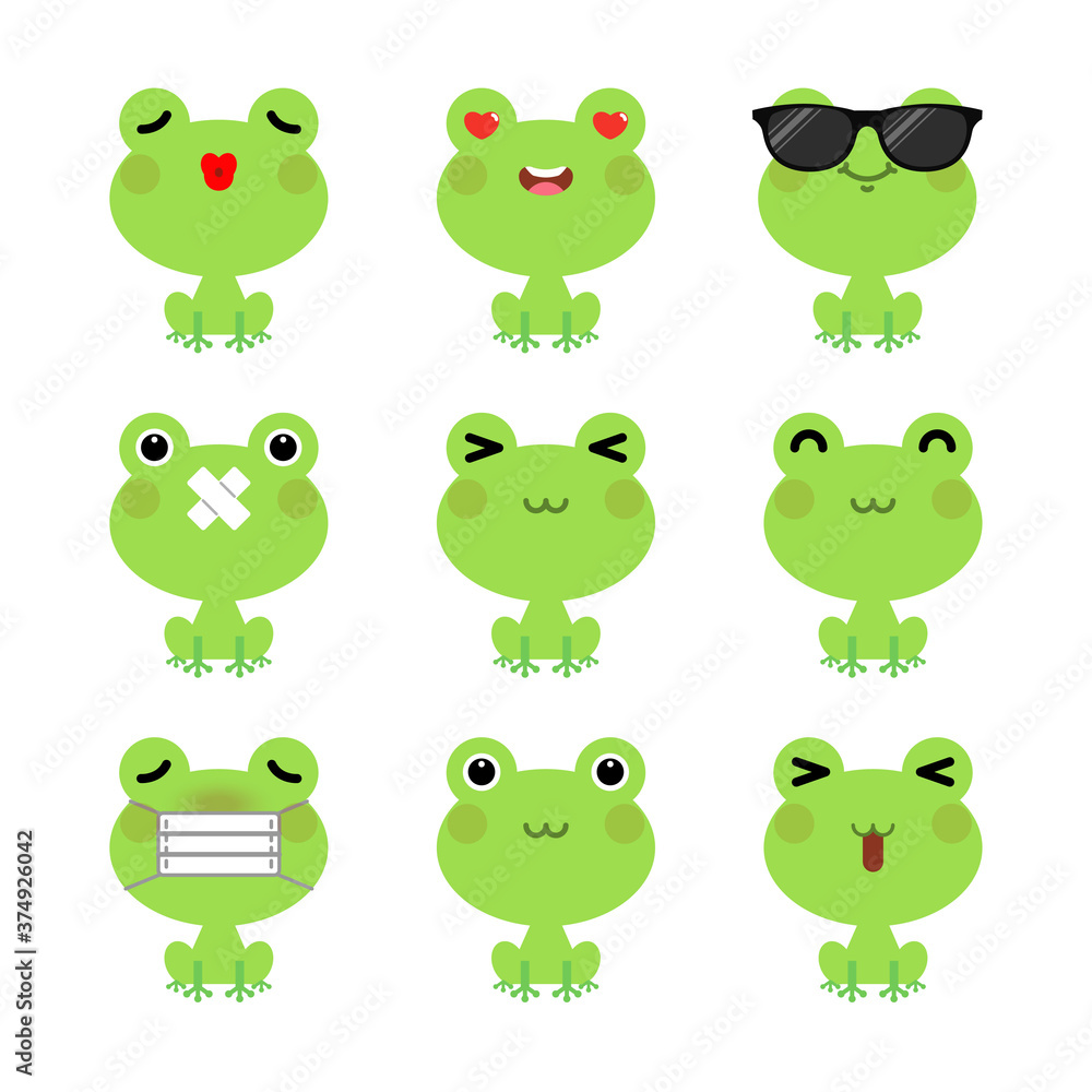 Set of cute cartoon green frog emoji set isolated on white background. Vector Illustration. Set of cute cartoon green frog emoji set isolated on white background. Vector Illustration.