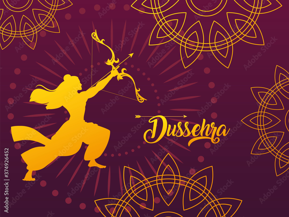 templete with silhouette of the lord rama with bow and arrow, label happy Dussehra