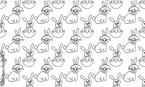 Cute Easter bunnies illustration. Hand drawn vector seamless pattern in doodle style. Festive characters with egg shell. Line art drawing