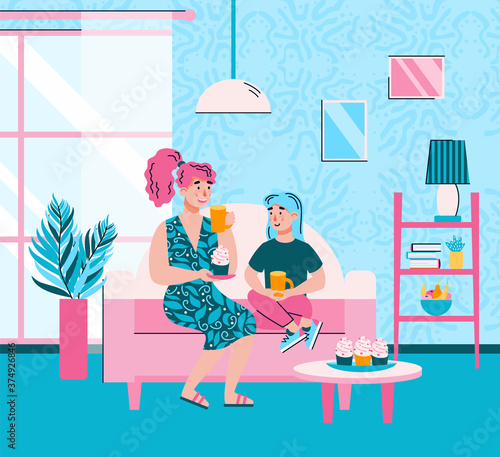Mother and daughter having a break for tea and talk, flat vector illustration. Banner with mom and child spending time together at home for Mothers day.