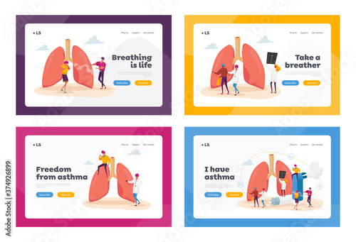 Pulmonology and Asthma Landing Page Template Set. Tiny Characters at Huge Lungs and Inhaler, Respiratory System Exam