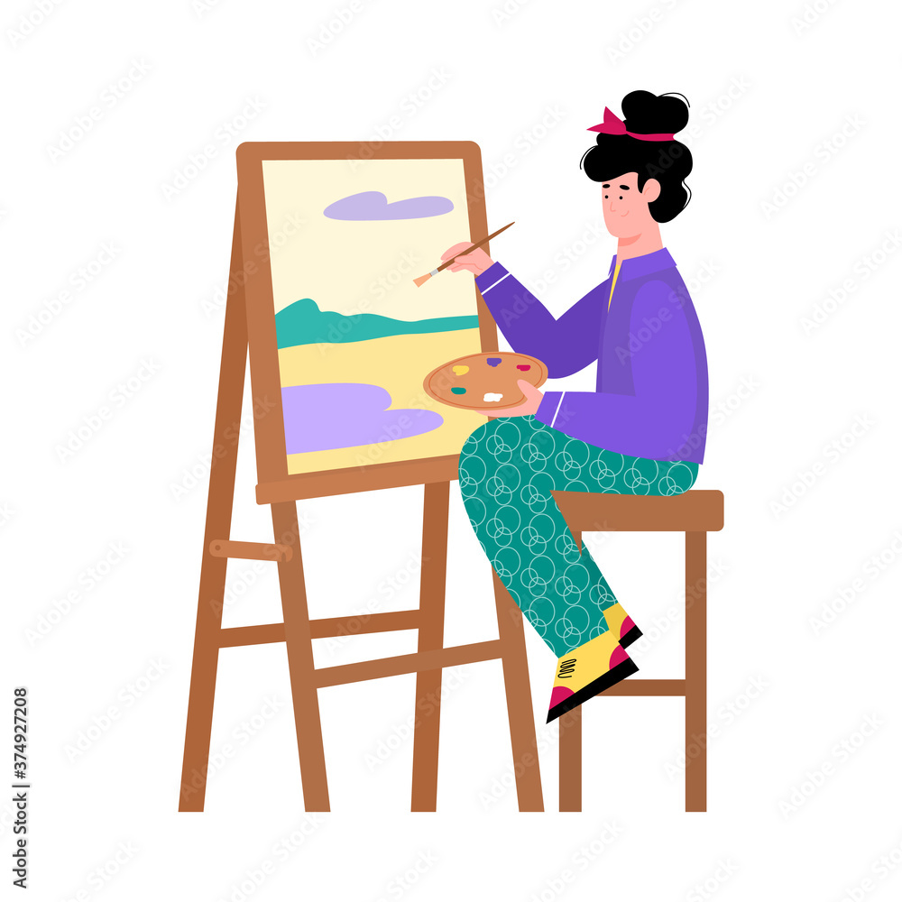 Fototapeta premium Beautiful painter artist woman sitting at easel and painting on canvas, cartoon vector illustration isolated on white background. Creative hobby and interests of people.