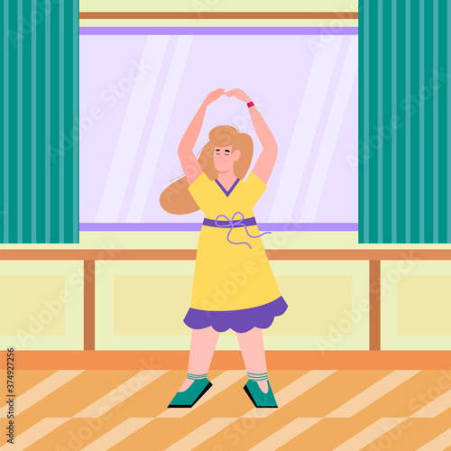 Pretty dancing woman in yellow dress in room interior, flat cartoon vector illustration. Woman cartoon character at dance class or home engaged with choreography.