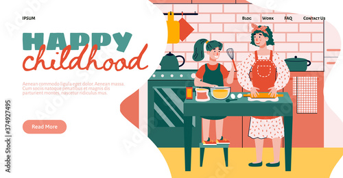 Mom and daughter together cooking food in kitchen landing page for website. Happy childhood learning together, flat cartoon vector illustration white background