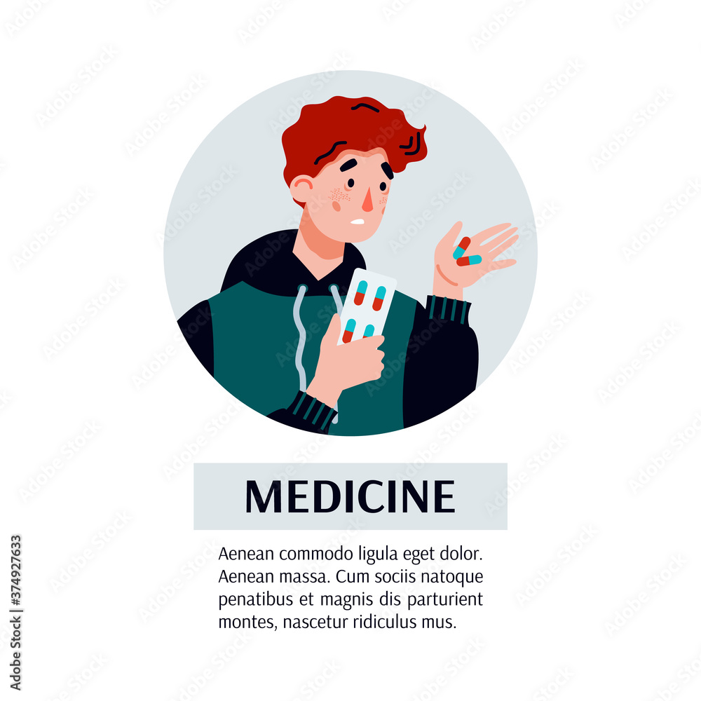 Medicine banner or poster with portrait of young sad sick man taking pills, flat cartoon vector illustration isolated on white background. Medical treatment of disease. Medicine banner or poster with portrait of young sad sick man taking pills, flat cartoon vector illustration isolated on white background. Medical treatment of disease.