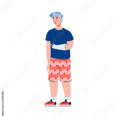 Man cartoon character with wounded arm in bandage, flat vector illustration isolated on white background. Injured person for Insurance services concept.