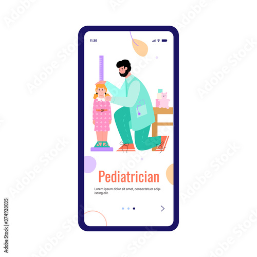 Mobile application screen design for pediatric with cartoon character of doctor pediatrician, flat vector illustration. Onboarding homepage of the childrens clinic.