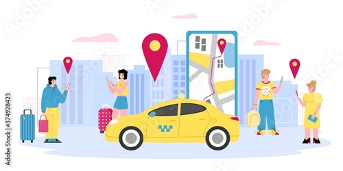 Online taxi banner with people calling taxi using smartphone, cartoon vector illustration. Men and women using commercial internet application for ordering taxi cab.