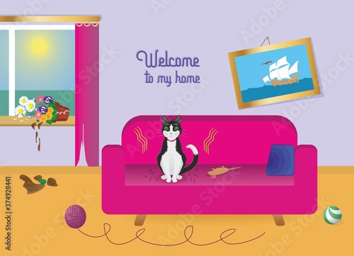 Comic. Mischievous cat welcomes the family home, to - as some says - the cats hoouse. Vector illustration.