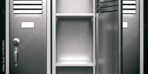 School, gym locker, grey color, empty with open door. 3d illustration