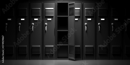 Fotografia, Obraz School, gym lockers, black color, one open door. 3d illustration