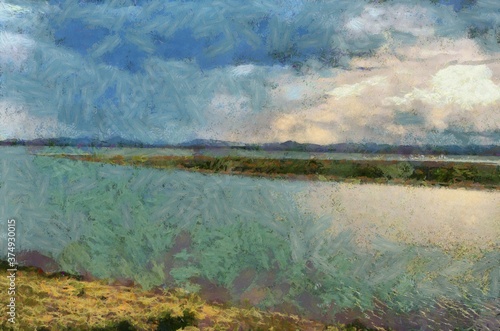 Landscape of the river Illustrations creates an impressionist style of painting.