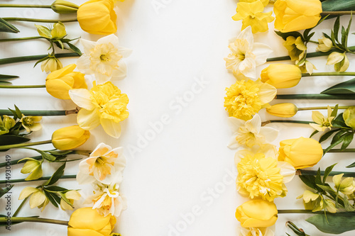 Fotografia Frame with blank copy space made of yellow narcissus and tulip flowers on white background