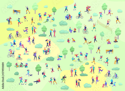 People Spending Time, Relaxing on Nature, family and children performing sports outdoor activities at park, walking dog, doing yoga, riding bicycles, tennis workout. Cartoon vector illustration
