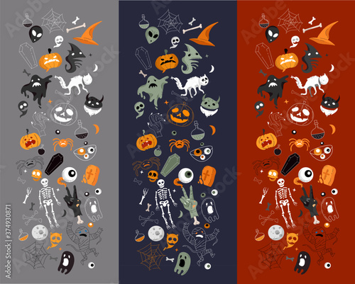 Vector icon and element collection for Helloween greeting card and poster, party sign. Concept illustration with Sign and symbol. Flat design cartoon element.
