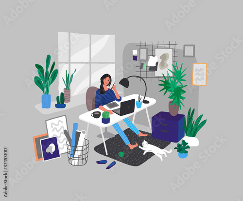 Freelancer designer girl working in nordic style home office with cat. Daily life and everyday routine scene by young woman in scandinavian style cozy interior with homeplants. Cartoon vector