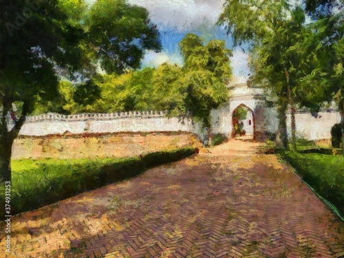 Landscape of ancient Thai architecture  Illustrations creates an impressionist style of painting.