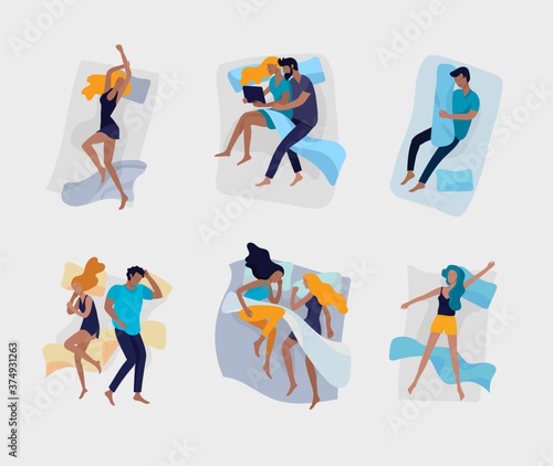 Set of sleeping people characters. Man woman and family are sleep in beds in relax poses. Top view. Colorful vector illustration