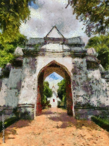 Landscape of ancient Thai architecture Illustrations creates an impressionist style of painting.