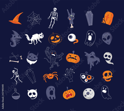 Helloween characters and elements collection. Vector Illustration