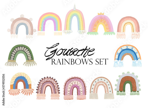 Boho Rainbows kit. Cute macrame gouache illustration. Purple, olive, terracotta. Cheerful bohemian artwork.