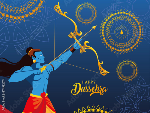 poster of lord Rama with bow and arrow in happy Dussehra