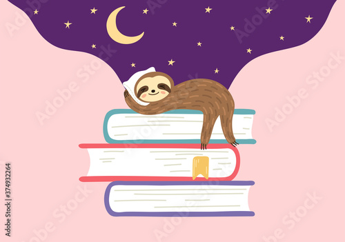 Cute sloth naps tight on books. Sweet dreams. Funny illustration about education. Student tired to read.