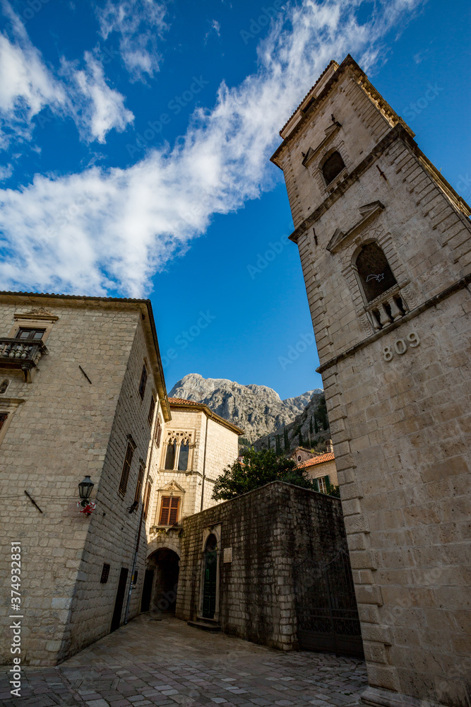 Street winter view, the old town of Kotor, Montenegro. Old European city on the Balkans with historical, architectural and cultural significance