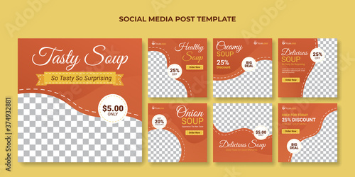 Tasty soup social media post template. Food banner for restaurant or cafe