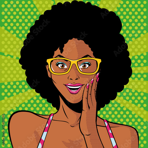 afro woman face with glasses, surprised, style pop art