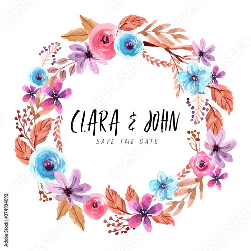 Fresh Blue and Purple Watercolor Wreath Vector