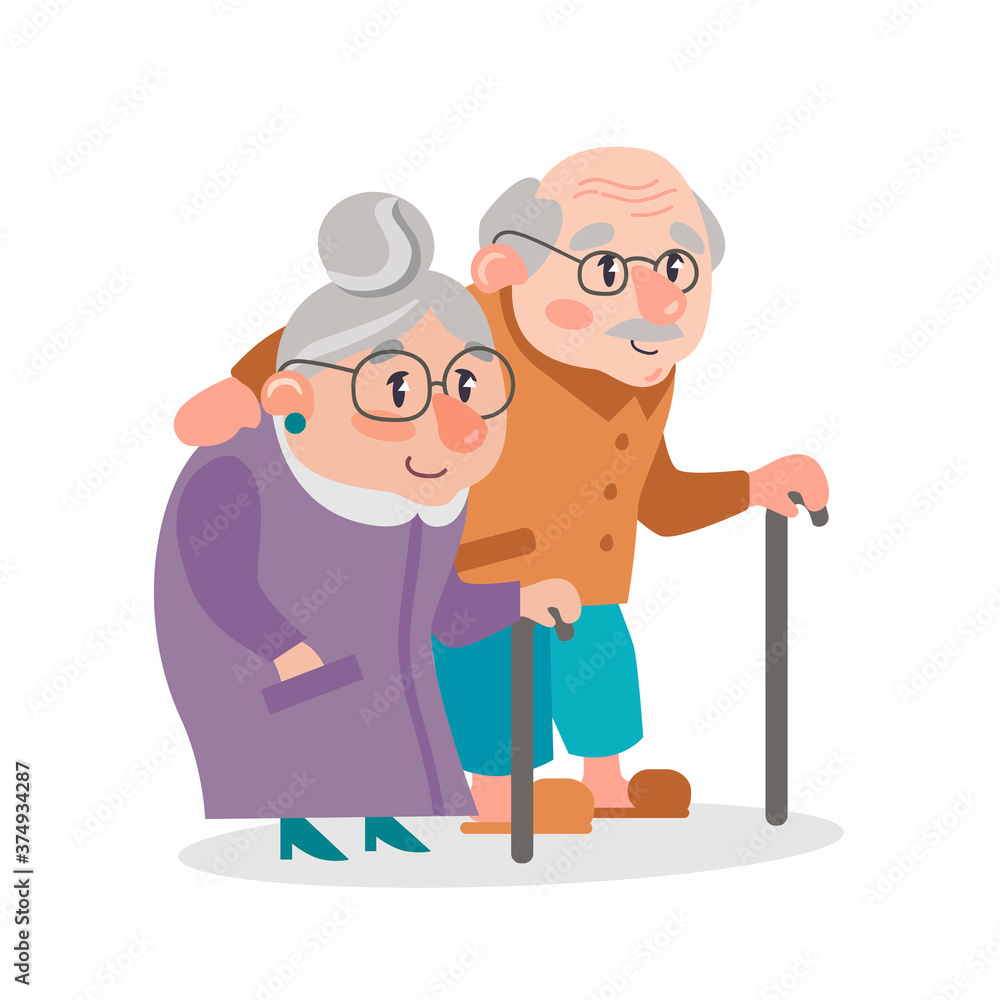 Portrait of cute happy elderly couple. Smiling old man and woman, grandparents. Grandfather and grandmother standing together. Granddad and grandma. Vector illustration. Portrait of cute happy elderly couple. Smiling old man and woman, grandparents. Grandfather and grandmother standing together. Granddad and grandma. Vector illustration.