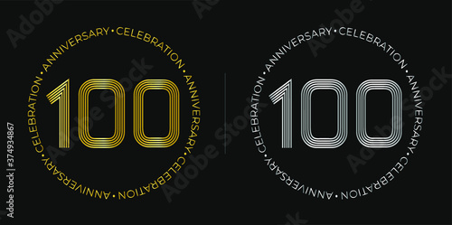 100th birthday. One hundred years anniversary celebration banner in golden and silver colors. Circular logo with original numbers design in elegant lines.